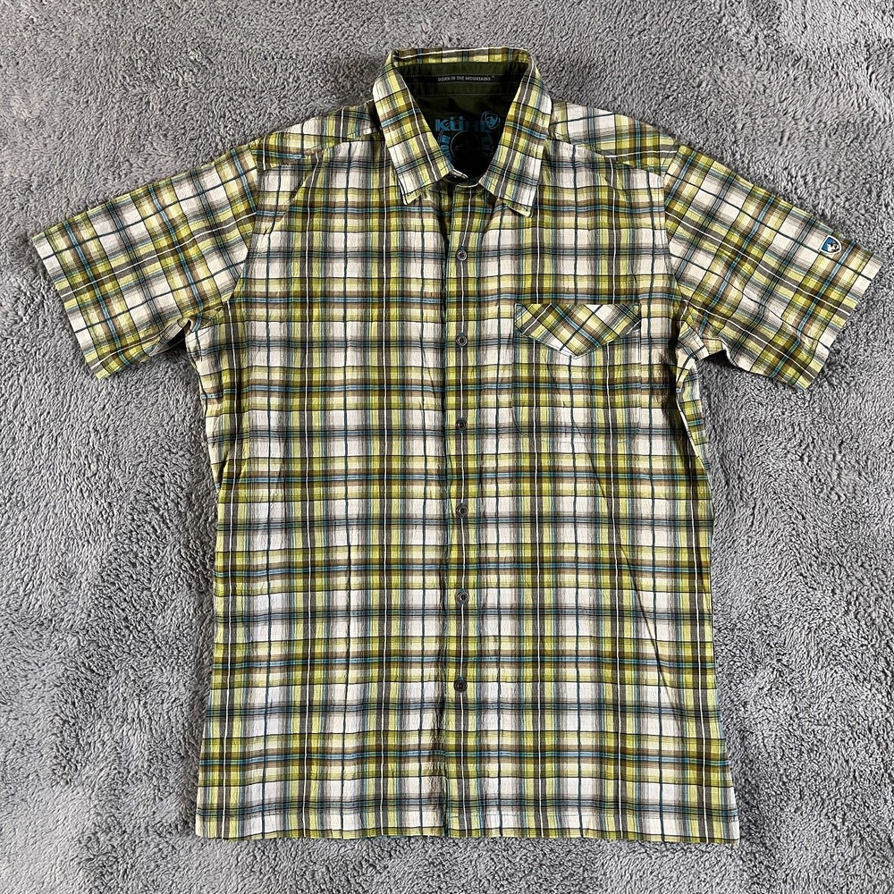 KUHL Shirt Mens S Green Plaid Short Sleeve Lightweight Button Up Hiking Outdoor